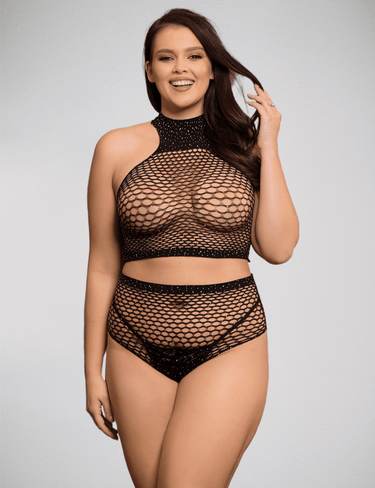 Scandals Black Two Piece Fishnet Rhinestone Top and Shorts Set Bodystockings Scandals Lingerie Queen Size